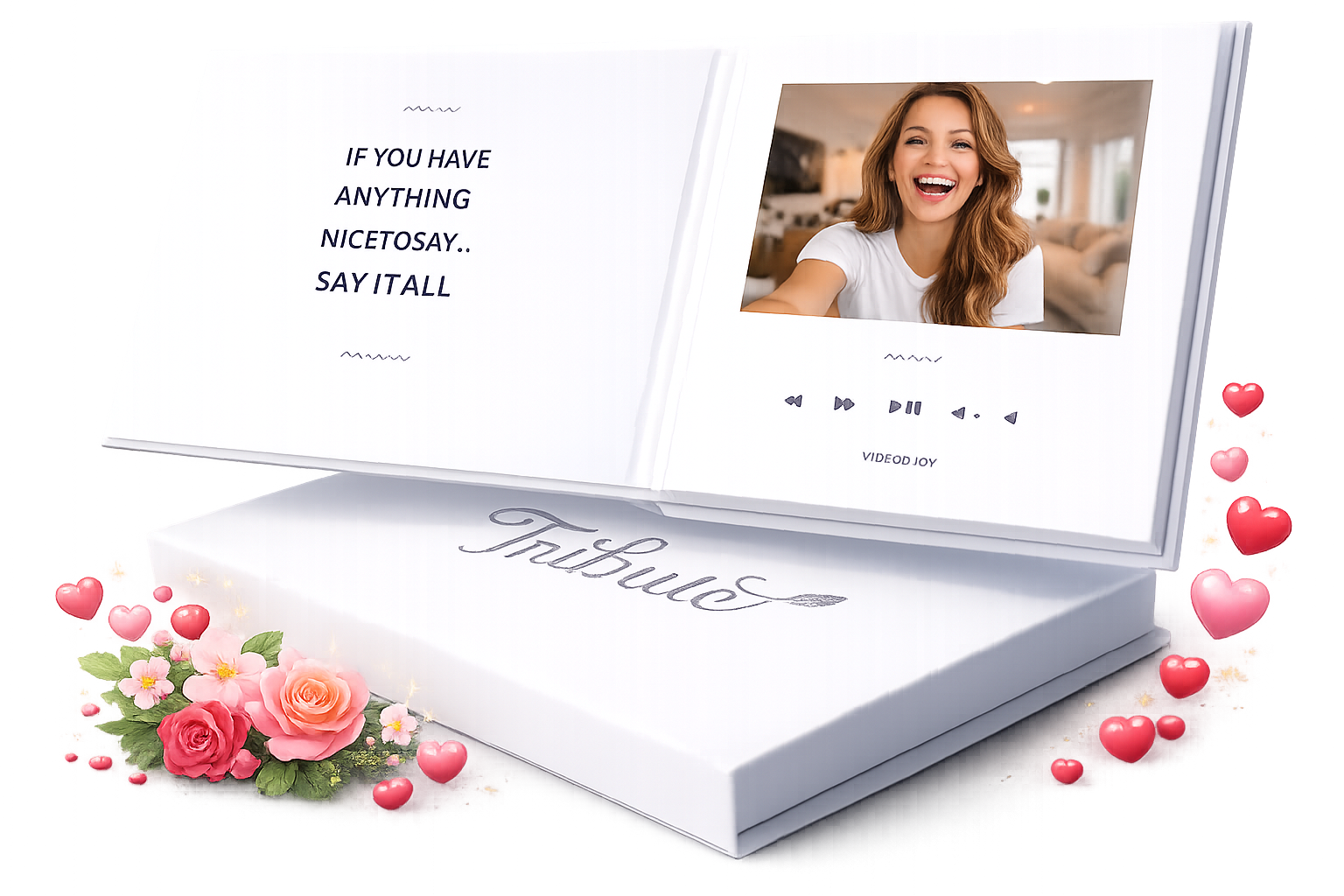 Valentine's Day video book - open book with hearts, flowers, and gift
