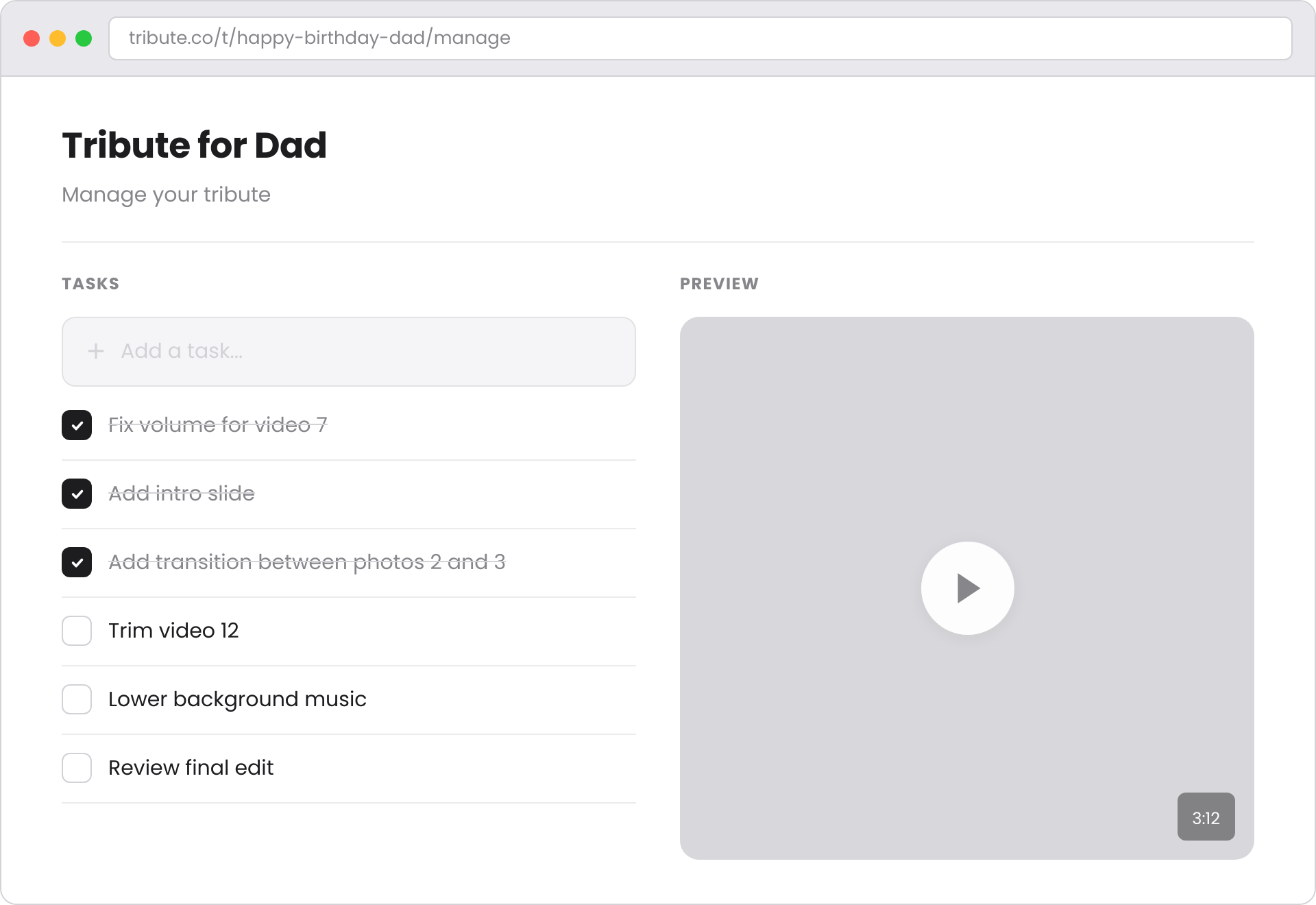 Tribute Concierge editing — task list and video preview