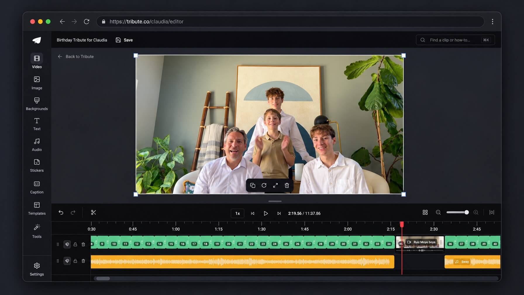Tribute’s Advanced Video Editor, with a family video above separate video and music tracks on the timeline.
